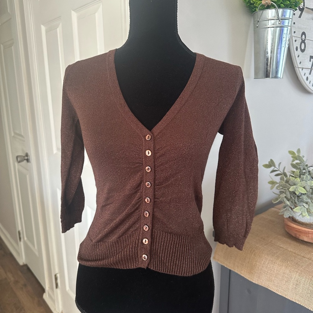Brown V-Neck Button-Up Women's Sweater